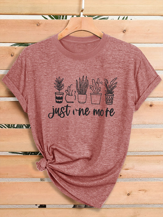 Women'S Green Plant Print T-Shirt with "Just One More" Slogan & Cactus/Succulent Design - Breathable Round Neck Casual Streetwear Top for Gym, Casual Attire, All-Season Comfort - Funny Botanical Graphic Tee for Plant Lovers,