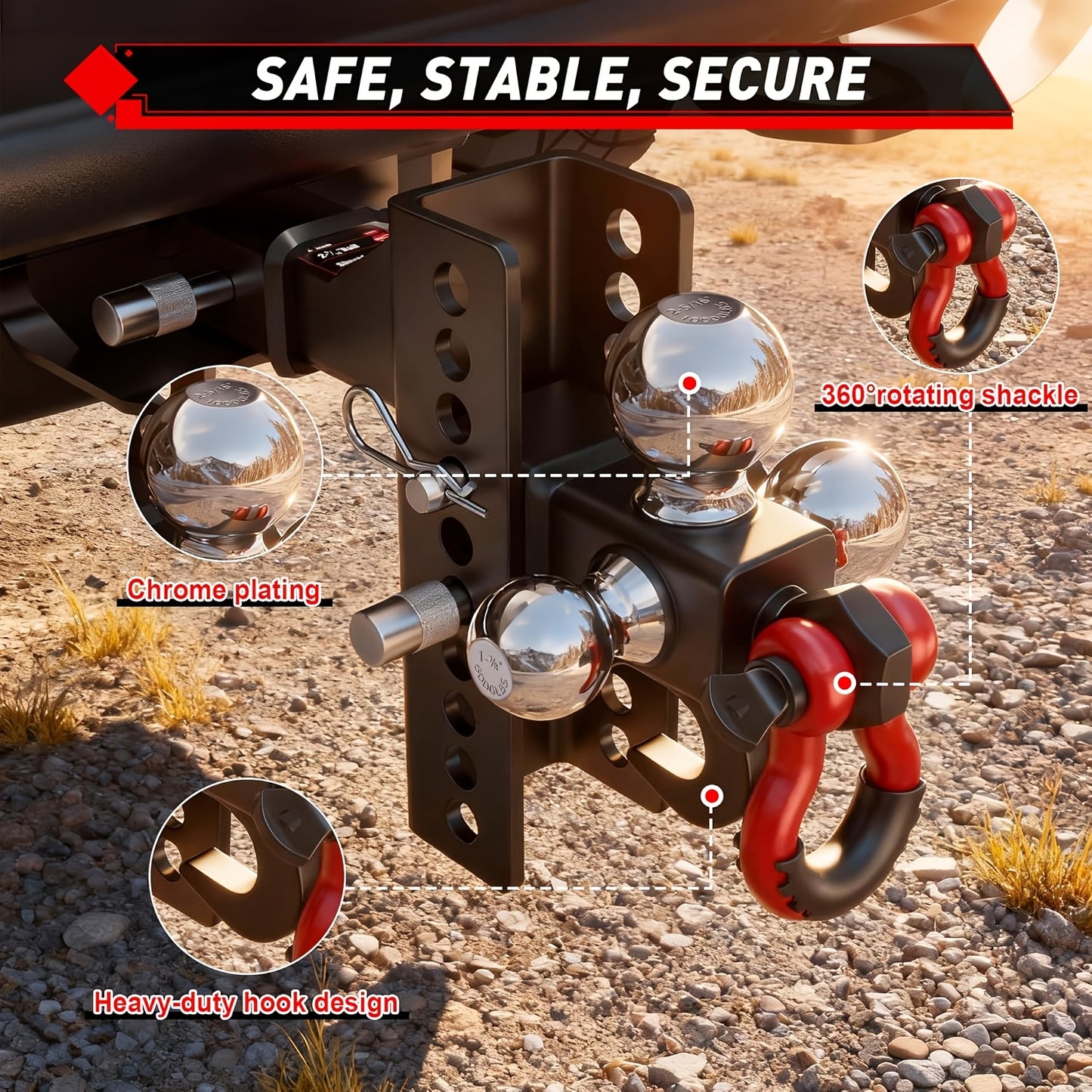 Adjustable Heavy-Duty Trailer Hitch Tri-Ball Mount With Tow Hook & Swivel Shackle, Fits 2" Receiver, 4-1/2" Rise/Drop, Includes 1-7/8", 2", & 2-5/16" Balls, Secure Hitch With Locks & Pin