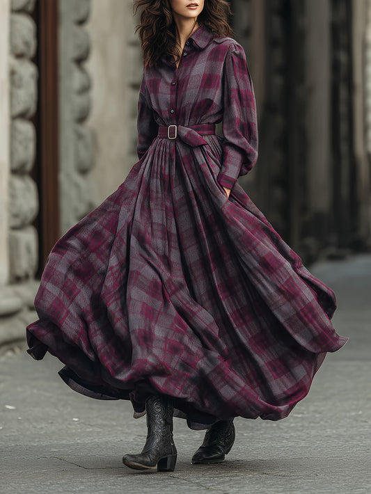 Plaid Shirt-Style Waist-Cinching Long Dress for Women | Puff Sleeves with Flared Hem, Chic Fit and Flare Style, Perfect for Fall/Winter, Suitable for Urban Commuting and Vintage British-Style Social Occasions