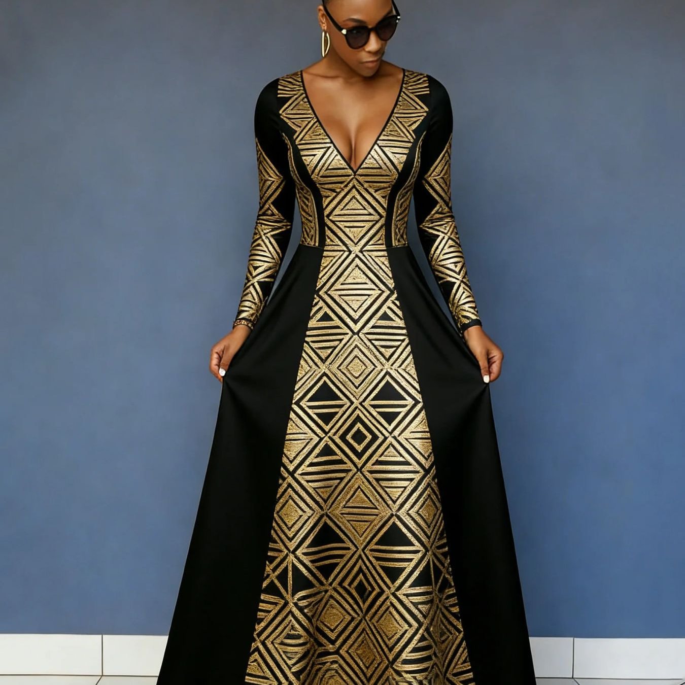 Women'S Dress Printed V-Neck Sexy Long-Sleeved Dress Waist-Cinching Large Swing Dress
