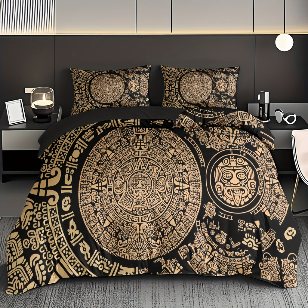 3pcs Comfortable Retro Mayan Civilization Theme Duvet Cover Set, Soft High-Definition Digital Print, Black And Golden Design, All-Season, Family And Friends Gift, Machine Washable (1 Duvet Cover + 2 Pillowcases, No Filling)
