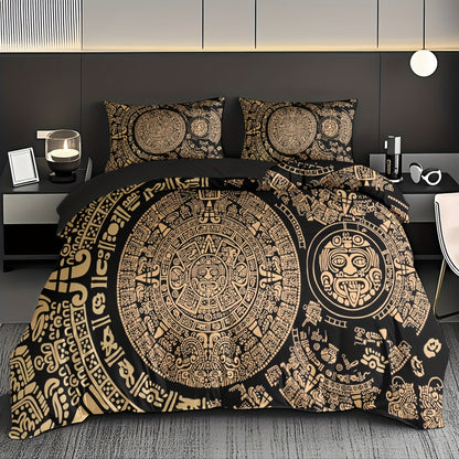 3pcs Comfortable Retro Mayan Civilization Theme Duvet Cover Set, Soft High-Definition Digital Print, Black And Golden Design, All-Season, Family And Friends Gift, Machine Washable (1 Duvet Cover + 2 Pillowcases, No Filling)