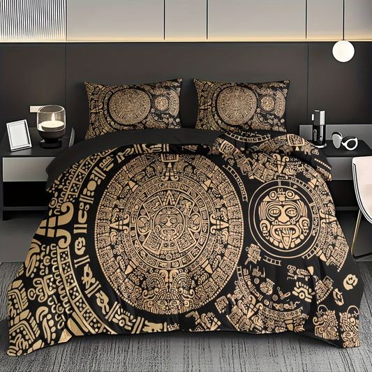 3pcs Comfortable Retro Mayan Civilization Theme Duvet Cover Set, Soft High-Definition Digital Print, Black And Golden Design, All-Season, Family And Friends Gift, Machine Washable (1 Duvet Cover + 2 Pillowcases, No Filling)