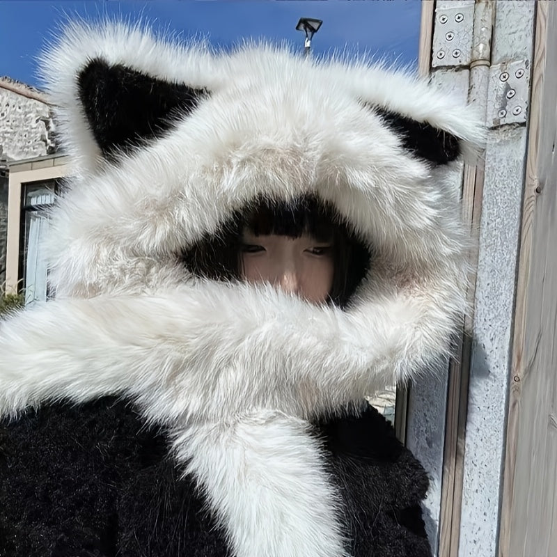 [Cat Ear Hat Scarf] A Soft Polyester Faux Fur Cat Ear Hat with an Integrated Scarf, Suitable for Both Men And Women in Winter, Stylish And Unisex, Lightweight, with a Closure, Perfect for Singles Parties.