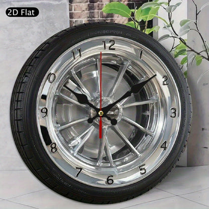 2D Flat 1pc Silent Wall Clock with Car Wheel Design Wooden Wall Clock, 10Inch Modern Home Decor for Living Room, Bedroom, Office - Father's Day, Birthday, Holiday Gift, Battery Not Included, Clock Wall Decor, Bedroom Accessor