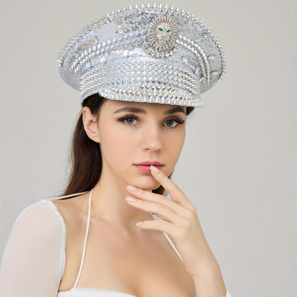 Steampunk Rhinestone Captain Hat with Shiny Lion Emblem - Sparkling Military Party Hat for Raves, Burning Man Music Festivals, and Carnivals - Glitter Silver Costume Accessories for Women and Men, Polyester Material, Carnival
