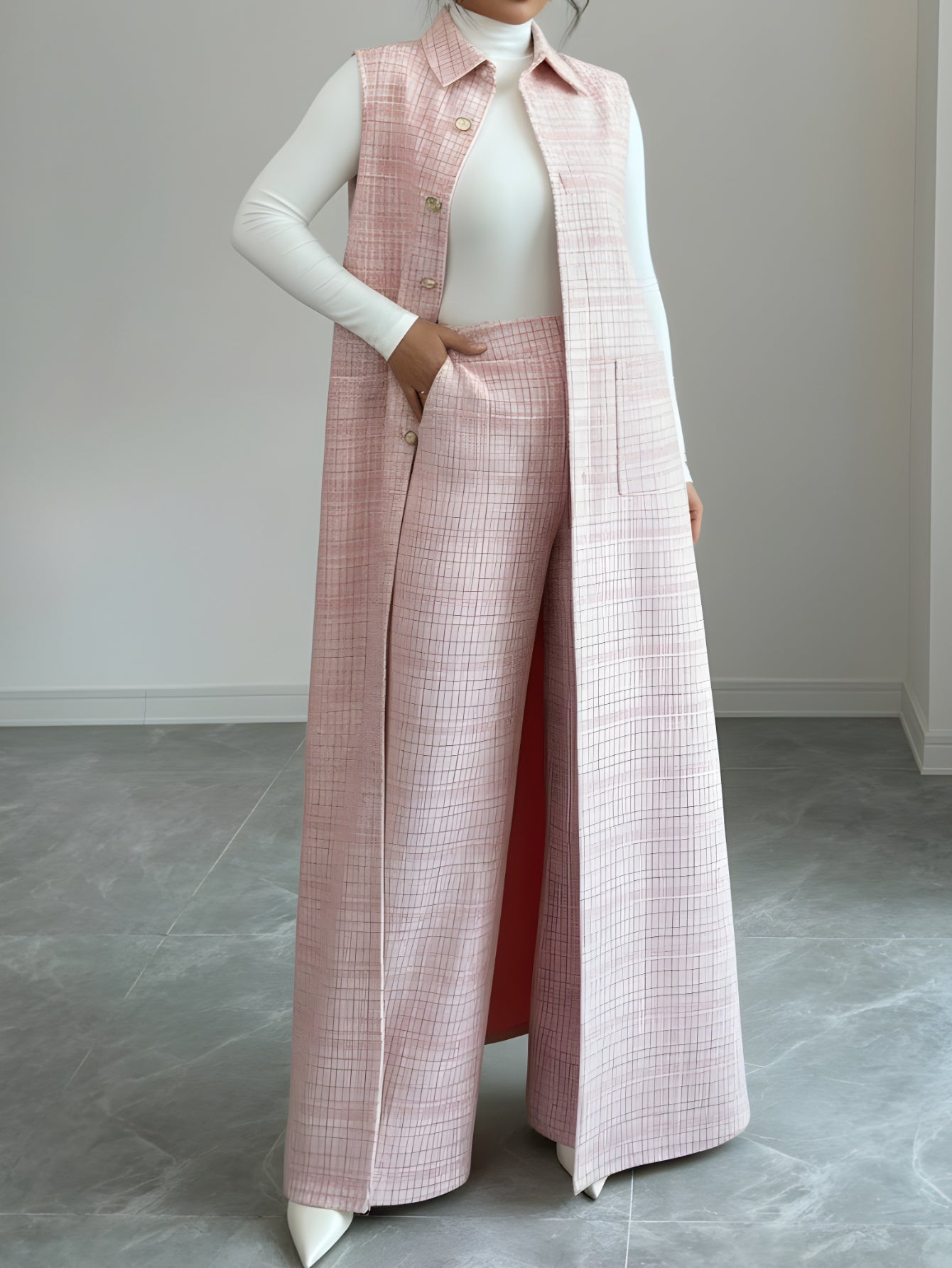 Pale Pink Plaid Fashionable Lapel Long Vest Wide Leg Pants Suit for Women | Elegant Daily Streetwear and Casual Socialasions Design Vibe