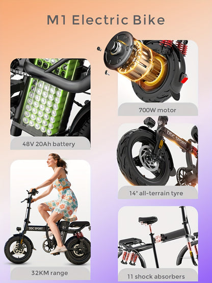 Foldable Electric Bike for Adults, 700W Peak Motor 48V 20Ah Removable Battery Ebike, 35 Miles 32km/h High - Speed, City Commuter, LCD Display, Dual Disc Brakes, for Men & Women (330 Lbs Capacity)