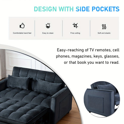 54" Black Velvet 3-in-1 Convertible Sofa Bed with Adjustable Backrest & Pull-Out Sleeper - Space-Saving Sleeper Sofa with Storage Pocket, Hardwood Frame, Modern 2-Seater for Small Apartments, Living Room, Guest Room - No Asse