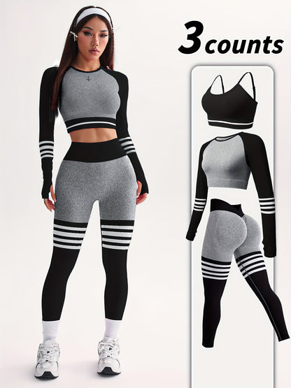 3pcs Women's Full Athletic Set - Seamless Striped Quick-Dry Sports Bra, Tight-Fitting Long Sleeve Gym Pants with Moai Panel Technology | High-Elasticity Moisture-Wicking Fabric for Running, Gymnastics, Training Outfit (All-Se