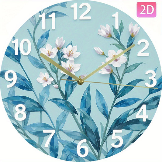 Modern Large Face Wall Clock with Pastel Green-Blue Leaf & Golden Hands - Large Black Numerals, Round Silent Non-Ticking Battery-Powered (No AA Batteries Included) - Large White Face for Living Room, Bedroom,,, 2D Flat