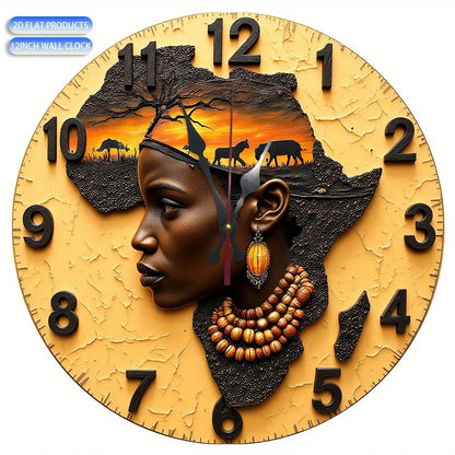2D plane 10-inch silent quartz wall clock, African design, circular manufacturing, wood simulation display, battery-powered (AA batteries not included), suitable for home decoration, suitable for living room, kitchen, dormito