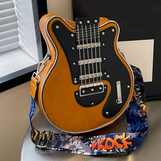 Y2K Retro Guitar Crossbody Bag - Lightweight Shoulder Bag with Chain & Rivet Accents, Removable Strap, Zipper Closure, Polyester Lining for Street Fashion & Daily Use, Musicthemed Accessory, Durable Zipper Closure