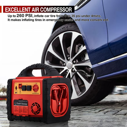 1800 Amp Portable Power Station & Car Jump Starter with Air Compressor - Heavy-Duty 260 PSI Tire Inflator, 400W AC/DC Inverter, 2.1A USB Port, Dual Power Outputs, Battery Clamps Included for Emergency, for Backup, USB- Operat