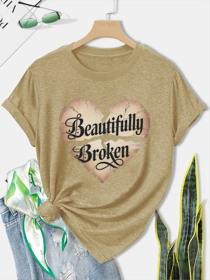Women'S Olive Green Butterfly & Heart Print "Beautifully Broken" T-Shirt - Casual Streetwear Round Neck Short Sleeve Top, Breathable All-Season Comfort Fit for Gym, Training & Casual Attire with Motivational Slogan Design, Lo