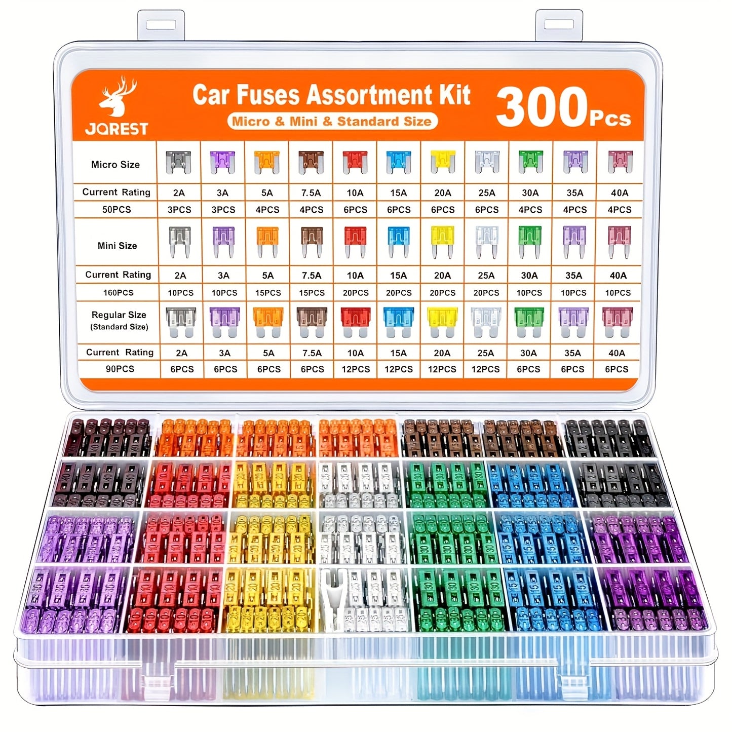 300pcs Car Fuse Kit, Including 160 Mini Fuses, 90 Standard Fuses, 50 Micro Fuses, 1 Removal Tool - Aluminum Alloy, Mixed Colors, Uncharged, Suitable for Cars, RVs, Trucks, Motorcycles 2A 3A 5A 7.5A 10A 15A 20A 25A 30A 35A 40A
