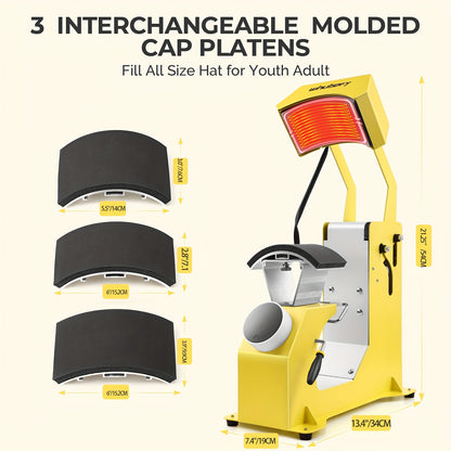 Valentine'S Day Gifts Heat Press Machine 3 In 1 Auto Cap Press With A Duckbill Cap And 5 Sheets Of DTF Transfer Paper, 6x3.9/6x2.8/5.5x3 Inch Yellow Cap Press With Digital Screen, Full Coverage Heating Tube, Even Heating, Rap