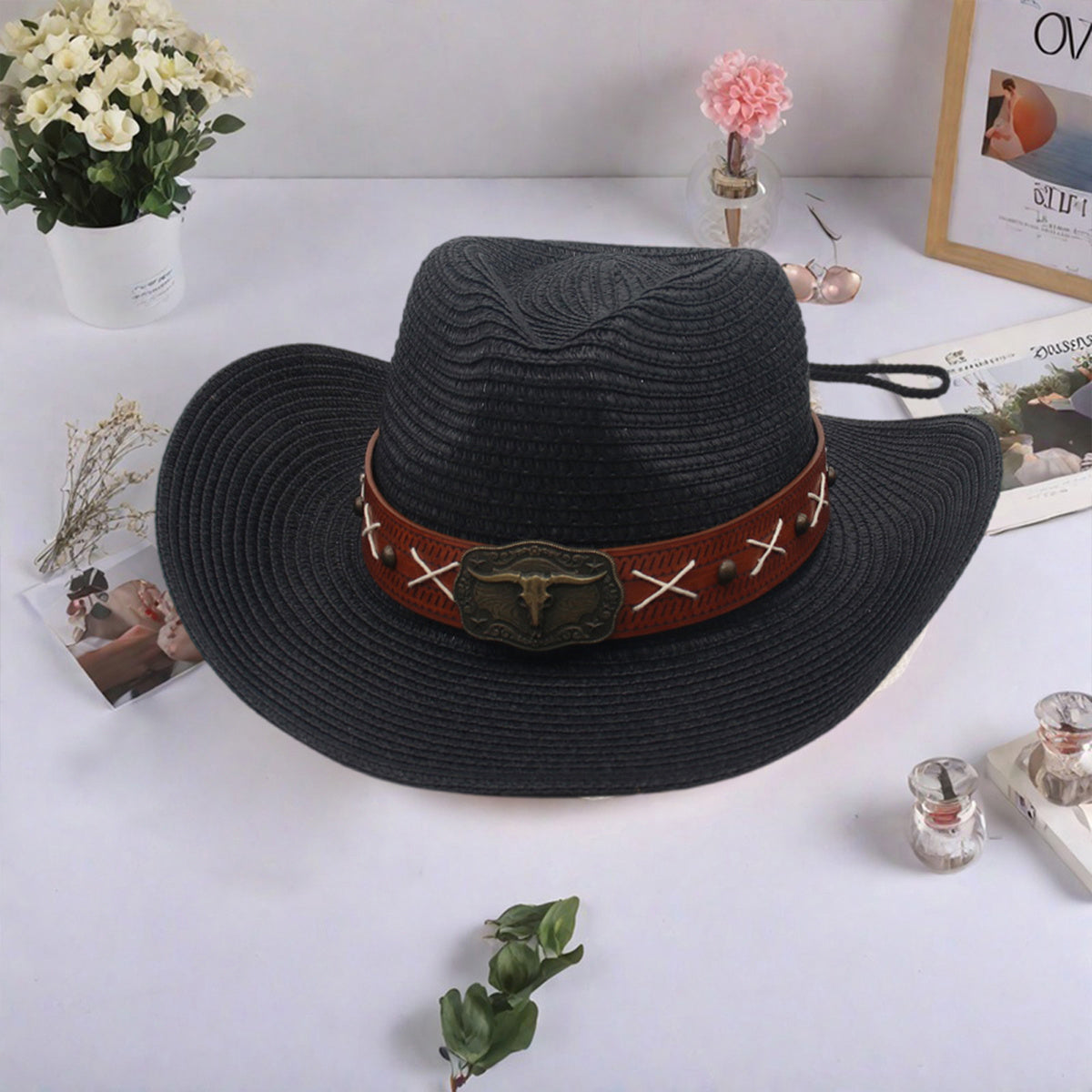 Men Women Straw Cowgirl Hat Wide Brim Stylish Bull Head Leather Belt Design Western Cap for Beach Daily Life Party