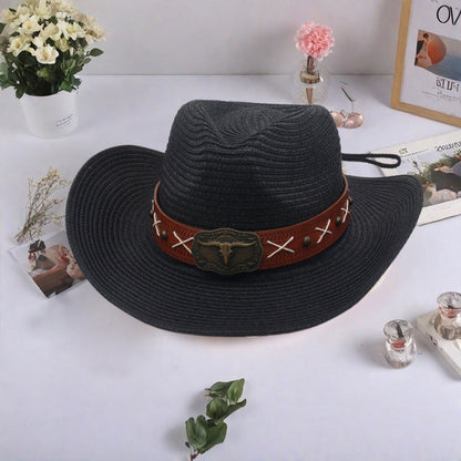 Men Women Straw Cowgirl Hat Wide Brim Stylish Bull Head Leather Belt Design Western Cap for Beach Daily Life Party