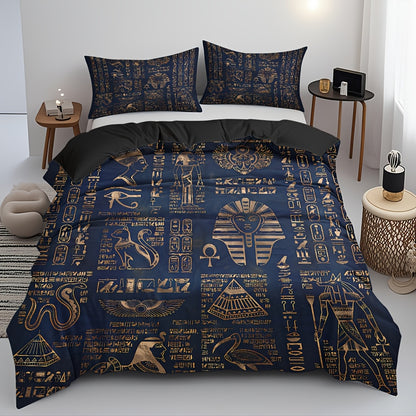 Ancient Egyptian Symbols Duvet Cover Set - Soft High-Definition Digital Print, Blue Polyester, Includes Duvet Cover And Pillowcases, All-Season Use, Perfect Gift For Family And Friends, Machine Washable, Easy Care