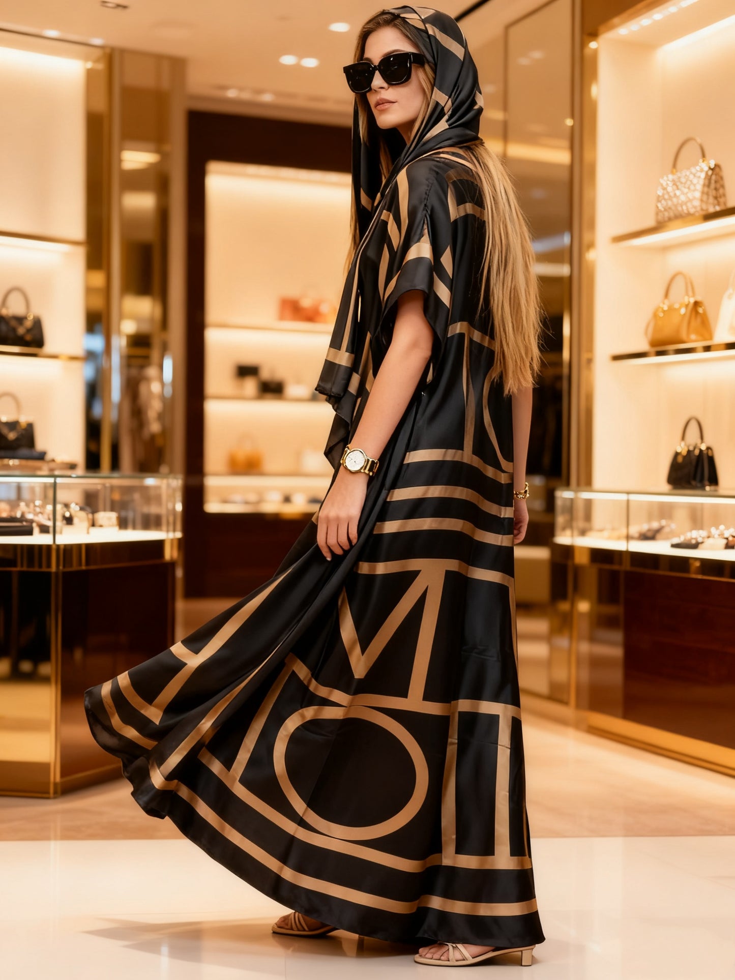 Plus Size - Elegant Black And Golden Geometric Letter Print Kaftan Dress - Comes with a Matching Headpiece | Ideal for Chic Everyday Outfits And Fashion Occasions