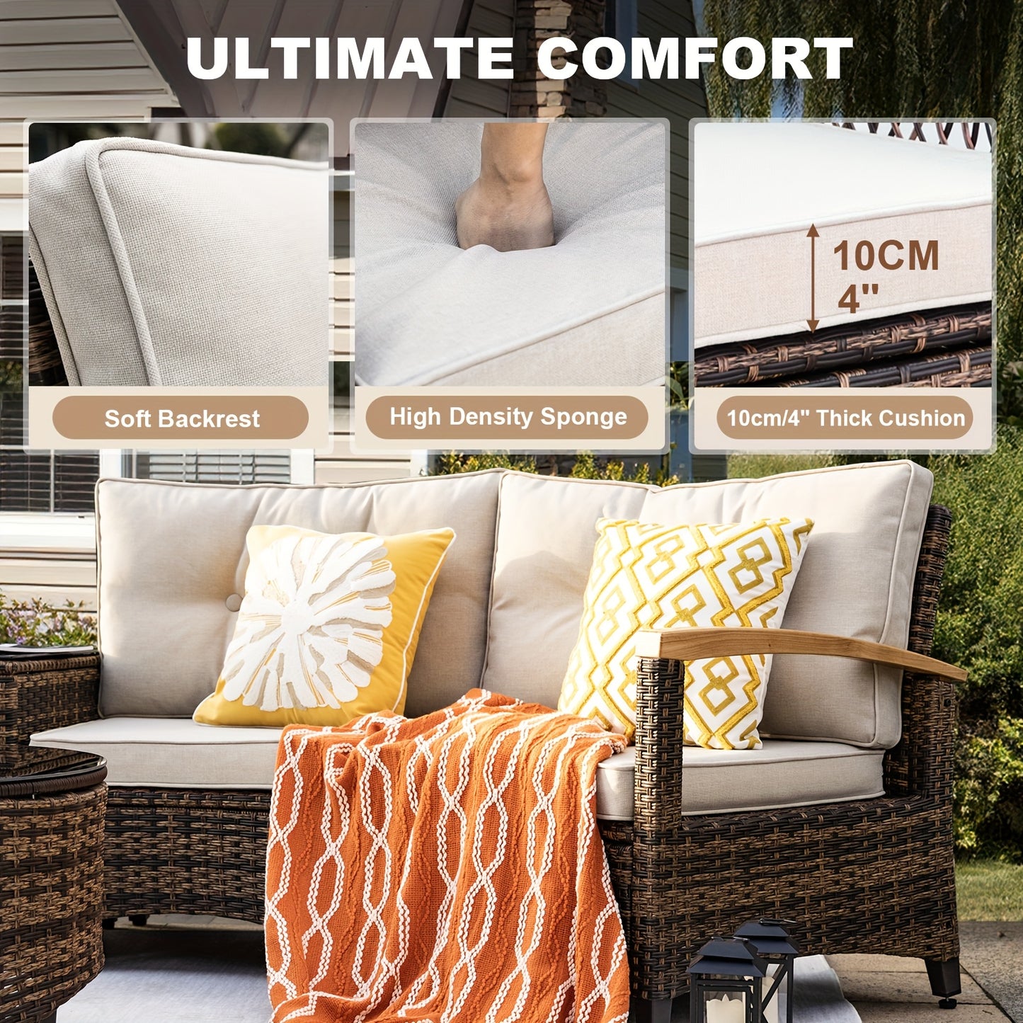 8-11pcs Outdoor Patio Furniture Set, Half-Moon Curved Sectional Sofa Rattan Patio Conversation Set with Wood Armrests for Porch, Backyard - Tempered Glass Round Coffee Table & Side Table, Patio Furniture And Decor, Patio Set,