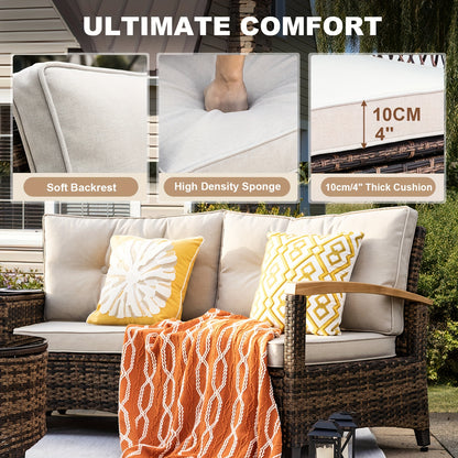 8-11pcs Outdoor Patio Furniture Set, Half-Moon Curved Sectional Sofa Rattan Patio Conversation Set with Wood Armrests for Porch, Backyard - Tempered Glass Round Coffee Table & Side Table, Patio Furniture And Decor, Patio Set,