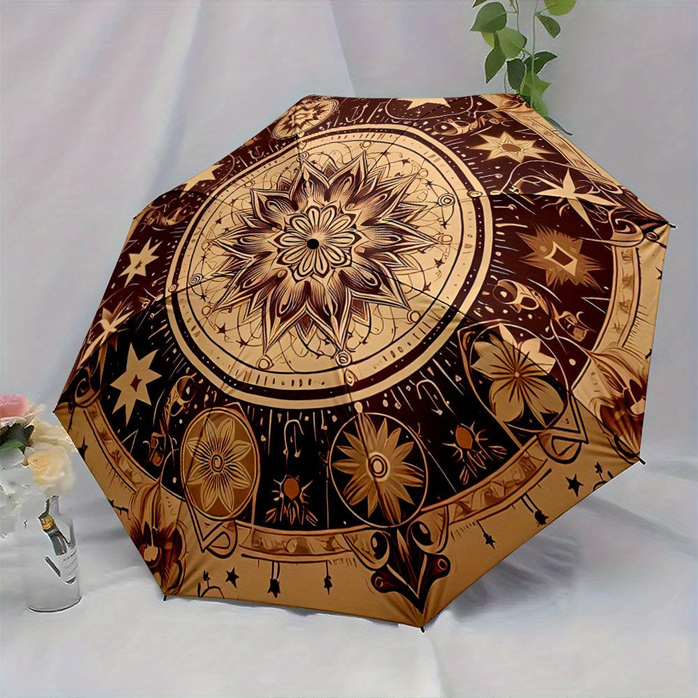 Automatic Folding Umbrella The umbrella features a large, intricate mandala-like star pattern in Golden and brown tones. Portable collapsible design, casual outdoor accessory, Christmas birthday festival gift, Mini Umbrella,