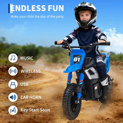 24V 350w Kids Ride On Motorcycle, 13.6MPH Max Speed, Mini Dirt Bike with Rear Wheel Suspension, Music, 12 Miles Range, Twist Grip Throttle, Seats, Blue