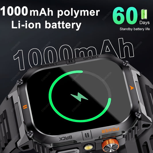 COIUSOR Men'S Outdoor Sports Smart Watch, Wireless Calling Smart Watch, 2.01-Inch HD Full Touch Screen, 1000 Mah Large Battery for Long-Lasting Use, Multiple Sports Modes, Alarm Clock, Pedometer, Calendar, Men'S Smart Watch
