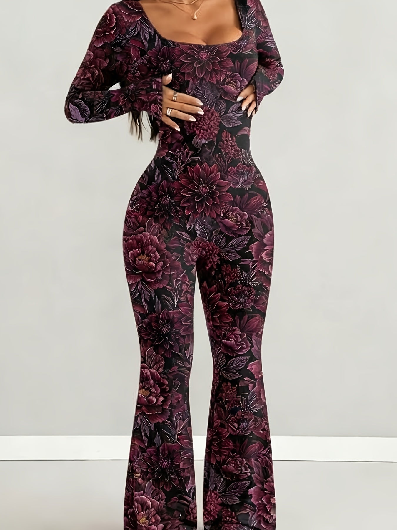 Women'S Jumpsuit Set | Casual Fashionable Sexy, Loose U-Neck Cut, Slim Fit, Burgundy Rose Print, Long Sleeve Flared Leg, Versatile Use, Suitable for Multiple Occasions & Seasons, Ideal for Outdoor