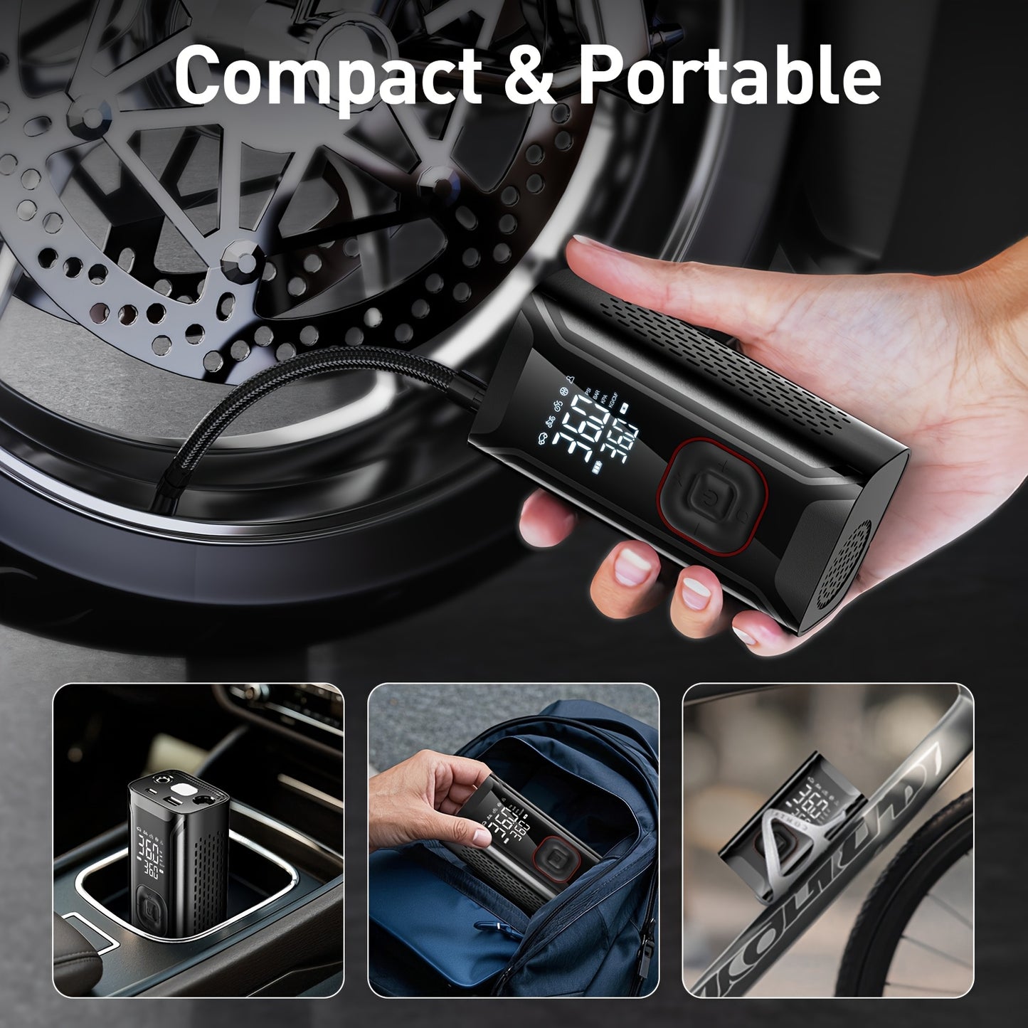 Tire Inflator Portable Air Compressor, Portable Air Compressor with Digital Gauge & LED Light, USB Rechargeable, 3X Fast Inflation, for SUV Cars Bikes Motorcycles & Sports Equipment And Ball, Black Friday Christmas 2026 New Y