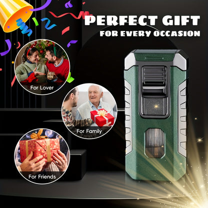 A Lighter That Resists Wind, Featuring a Triple Flame with Direct Injection, Made of Metal And Equipped with a Viewing Window. It'S a Refillable, Portable Lighter with an Adjustable Flame