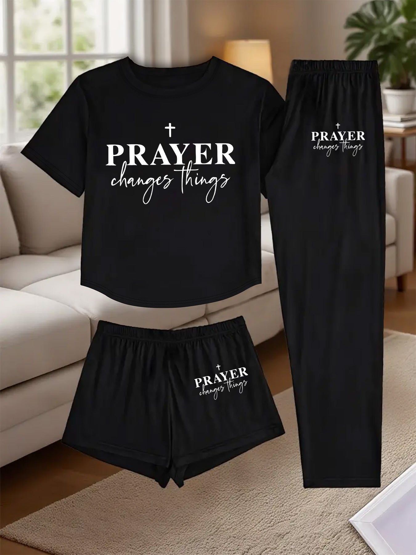 3pcs Women's Pajama Set - Faith Prayer Theme Sleepwear with Verse Print (Prayer Changes Things), Short Sleeve T-Shirt, Shorts & Lounge Pants - Breathable Pajamas for Bedtime, Church & Casual Attire - Machine Washable
