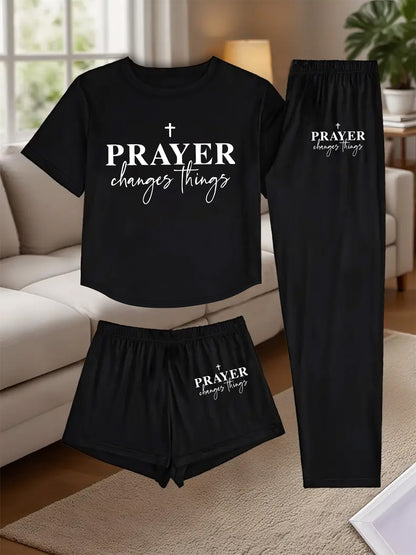 3pcs Women's Pajama Set - Faith Prayer Theme Sleepwear with Verse Print (Prayer Changes Things), Short Sleeve T-Shirt, Shorts & Lounge Pants - Breathable Pajamas for Bedtime, Church & Casual Attire - Machine Washable