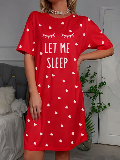 Women's Red Pajama Dress with "LET ME SLEEP" Slogan & Heart Cutouts - Short Sleeve Round Neck Sleepwear Nightgown, Machine Washable All-Season Nightdress for Bed, Lounge & ( Sleepwear)