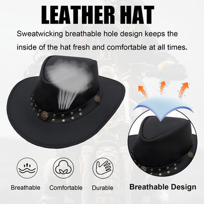Cowhide Leather Cowboy Western Hat | Genuine Leather Steampunk Deadman Top Hat for Men and Women, Vintage Style for Halloween.