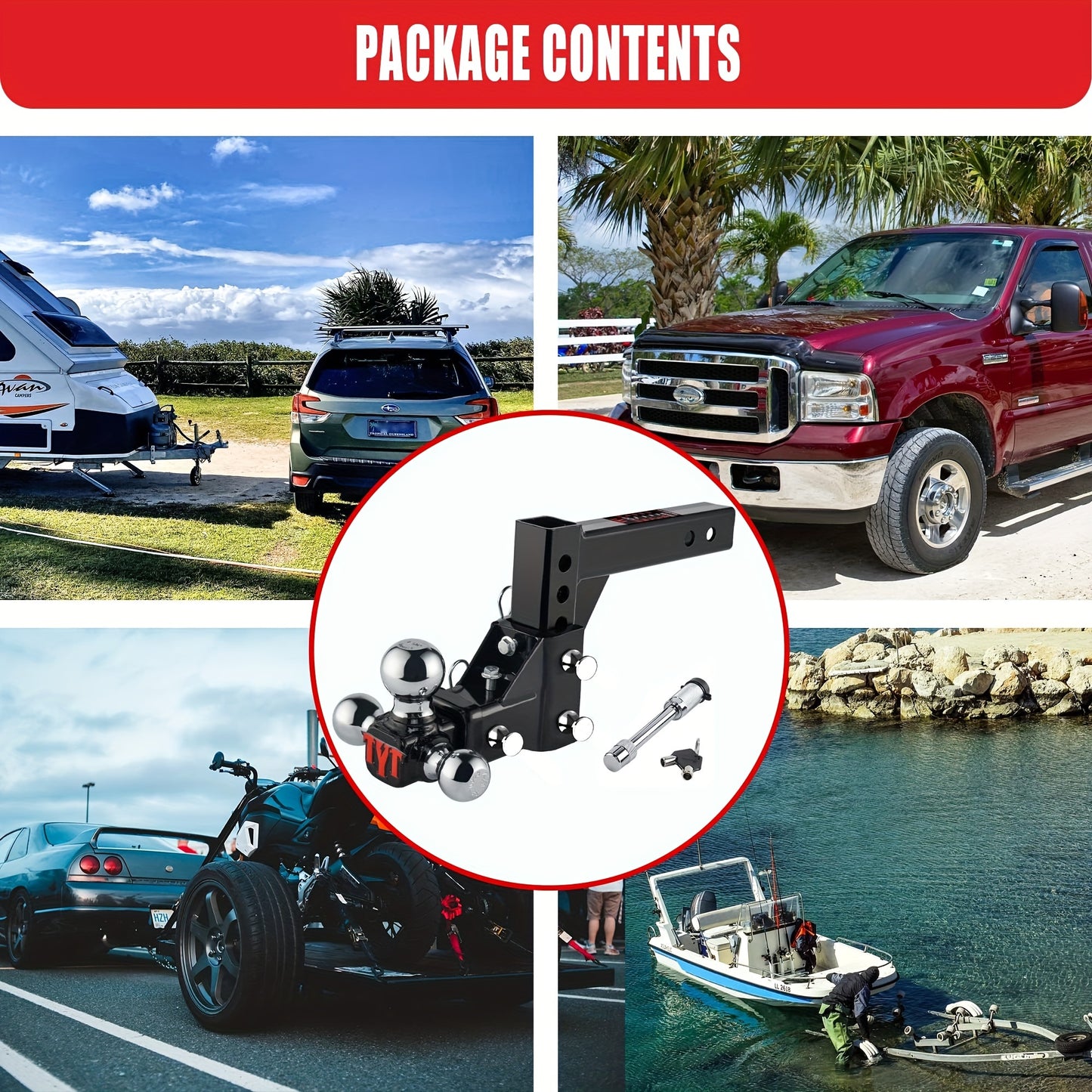 TYT Adjustable Trailer Hitch Ball Mount, Tri-Ball (1-7/8'' X 2'' X 2-5/16''), Fits 2'' Receiver, 5'' Rise/Drop Hitch, Hitch for Heavy Duty Truck, Solid Ball Mount, 10000 LBS GTW, BLACK