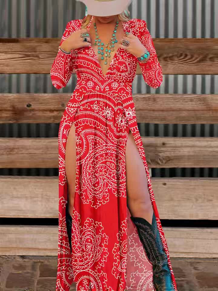 Plus Size, Women's Elegant Paisley Print V-Neck Split Dress - Long Sleeve -Line Dress with Thigh Slit, Fitted Summer Wedding Guest Dress, Machine Washable Elegant Gown for Special Occasions