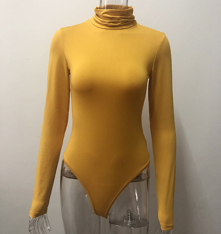 2025 Cross-border Autumn and Winter Basic Bottoming Women's Wear European and American Simple High Neck Long Sleeve Slim-fit bodysuit