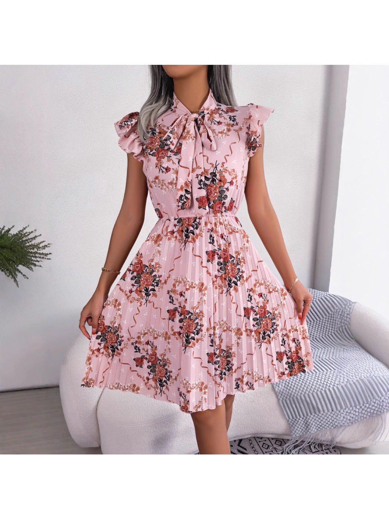 Women'S 2026 Spring Summer Elegant Floral Tie Waist Maxi Flare Pleated Dress | Lightweight, Breathable, Soft, Comfortable, Versatile, Casual Party Dating Daily Going Out Dress, Sleeveless, Crew Neck, Regular Fit
