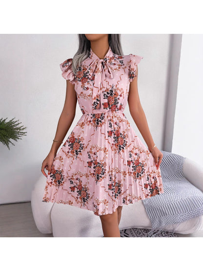 Women'S 2026 Spring Summer Elegant Floral Tie Waist Maxi Flare Pleated Dress | Lightweight, Breathable, Soft, Comfortable, Versatile, Casual Party Dating Daily Going Out Dress, Sleeveless, Crew Neck, Regular Fit