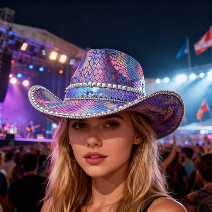 HONGLUAN Sparkly Rhinestone Cowboy Hat for Women & Men - Shiny Purple Iridescent Western Hat with Wide Brim, Multicolor (Pink/Blue/Purple/Green) Bling Design, Durable for Country Parties, Music Festivals, Halloween, Christmas