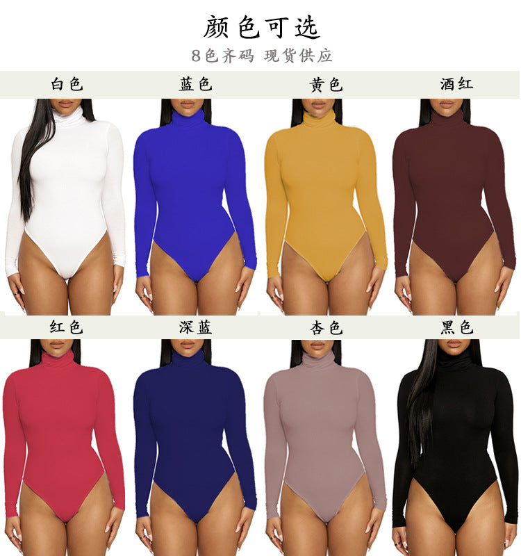 2025 Cross-border Autumn and Winter Basic Bottoming Women's Wear European and American Simple High Neck Long Sleeve Slim-fit bodysuit