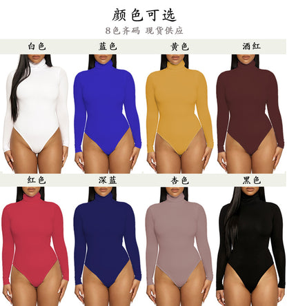 2025 Cross-border Autumn and Winter Basic Bottoming Women's Wear European and American Simple High Neck Long Sleeve Slim-fit bodysuit