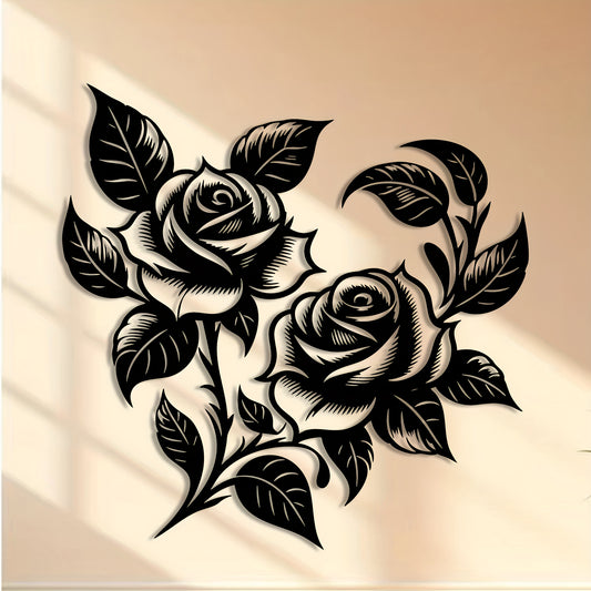 2D Flat, 1pc Elegant Rose Wall Art Decor - Black Floral Metal Hanging Decoration with Two Roses, Indoor/Outdoor Modern Farmhouse Decor for Living Room, Bedroom, Office - No Wiring Needed, Easy Installation, Versatile Room Acc