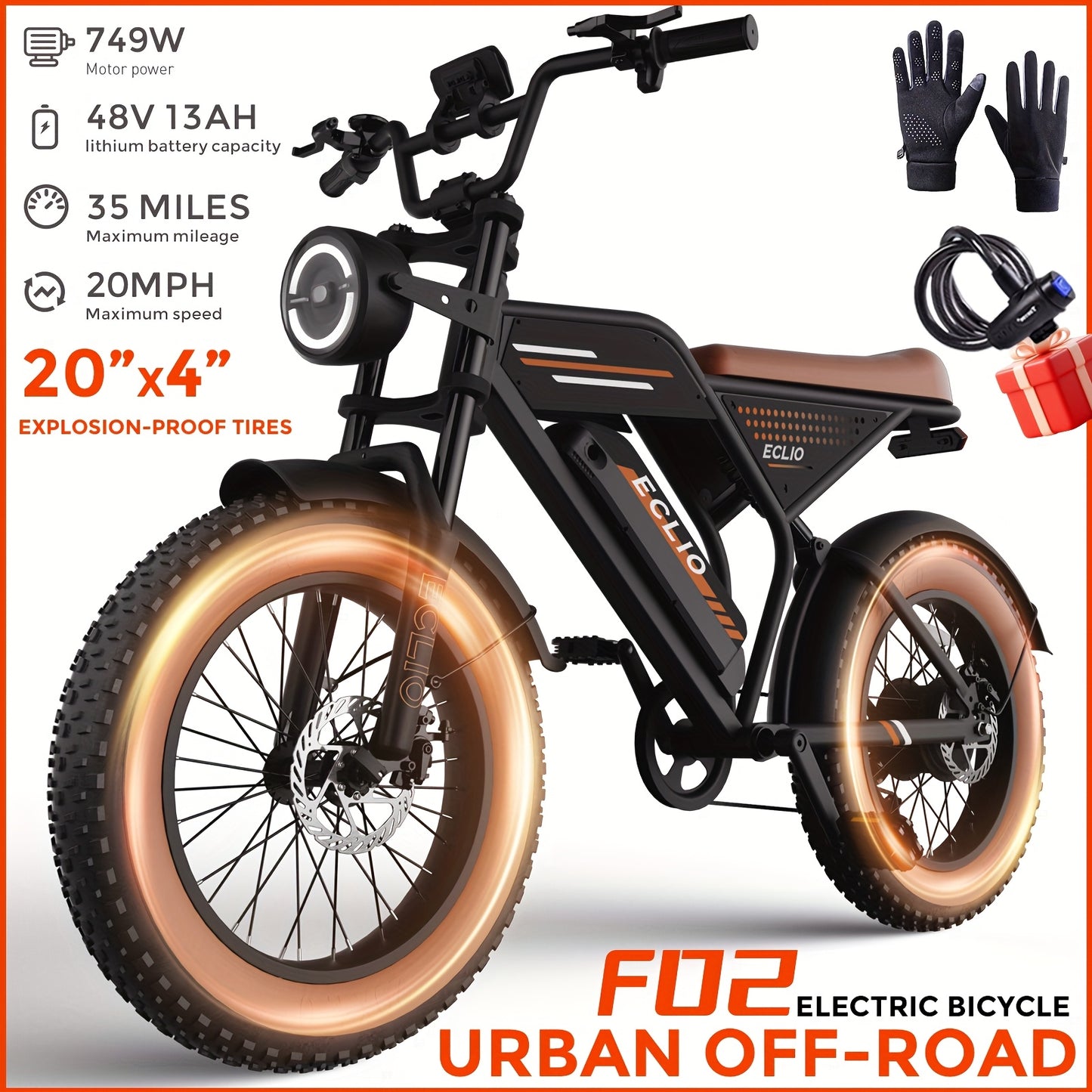 ECLIO F02 Electric Bike For Adults, 749W Peak Motor, 20MPH, 20"×4" Fat Tire Ebike With 48V13Ah Battery, Aluminium Electric Dirt Bike For All Terrain, Dual Suspension And Hydraulic Brakes, Electric Bike For Adults