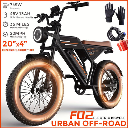 ECLIO F02 Electric Bike For Adults, 749W Peak Motor, 20MPH, 20"×4" Fat Tire Ebike With 48V13Ah Battery, Aluminium Electric Dirt Bike For All Terrain, Dual Suspension And Hydraulic Brakes, Electric Bike For Adults