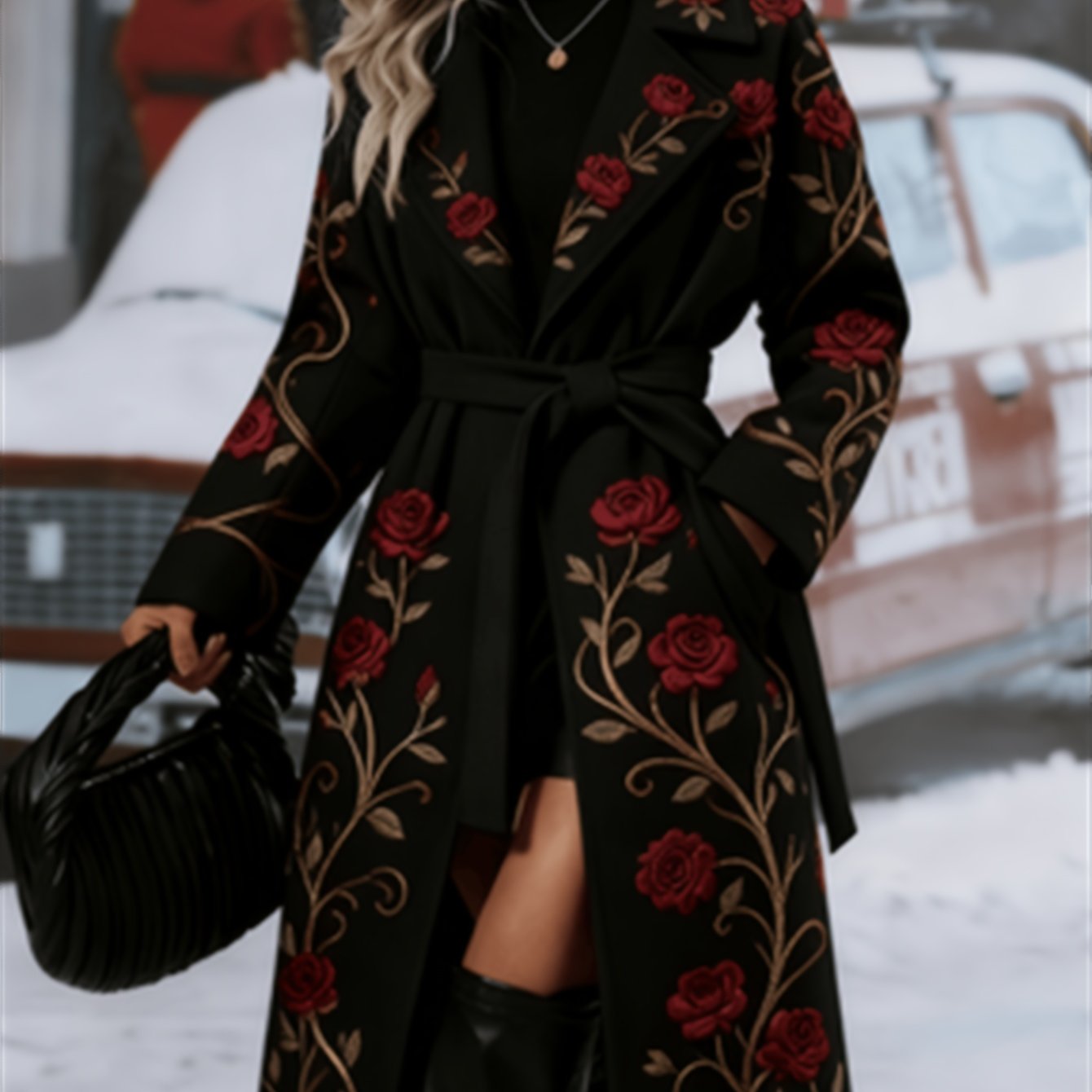 Fashionable And Elegant - Winter New Arrival - Women's Long Trench Coat - Warm And Simple - Double-Breasted Buttons With Belt - Featuring Floral Vine Print
