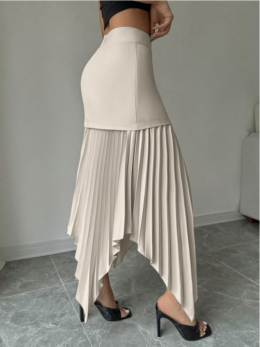 A Spring Season Skirt with an Asymmetrical Pleated Hem And Front Buttons, an Elegant Autumn Skirt with a Unique Button Closure And Pressed Pleats - Machine Washable for Casual And Formal Wear in Spring And Summer